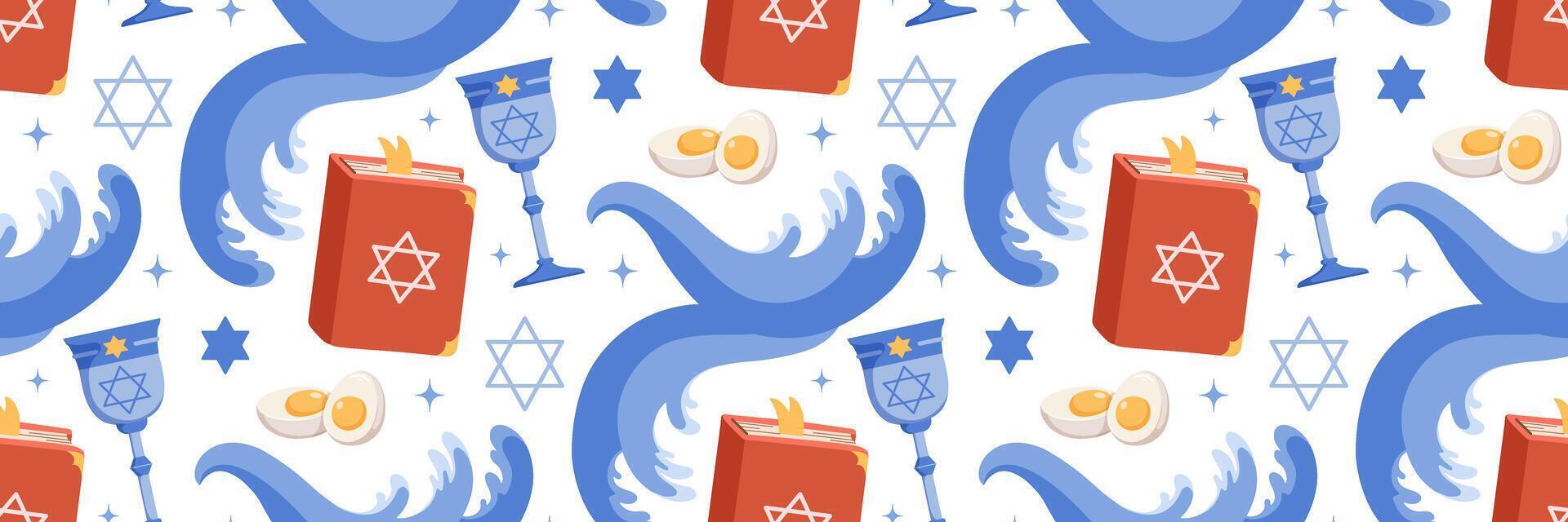 Happy Passover seamless pattern. Jewish holiday Pesach background. Traditional icon wave red sea, torus, egg, Star of David, Elijah's Cup. For wallpaper, invitation. flat illustration. vector