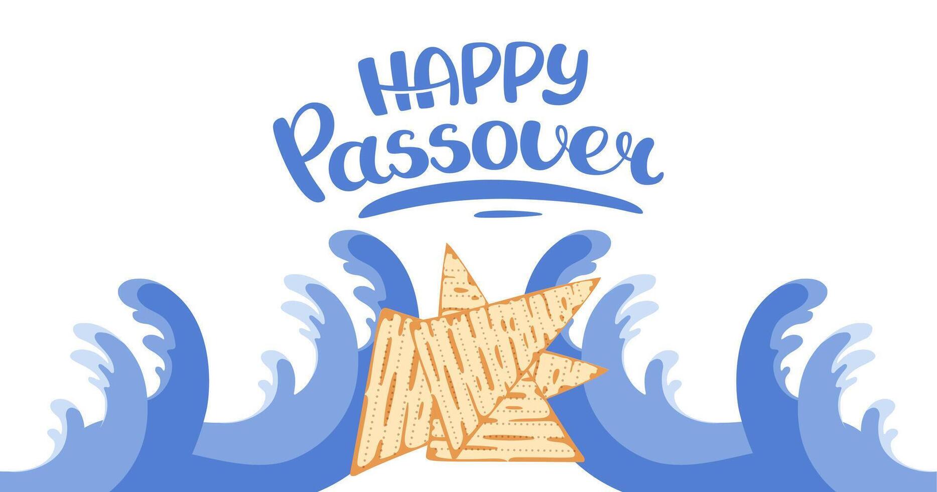 Happy Passover web banner. Jewish celebration background. Invitation with matzah, Waves of red sea. Hand drawn lettering. Horizontal Backdrop postcard, poster. flat illustration. vector