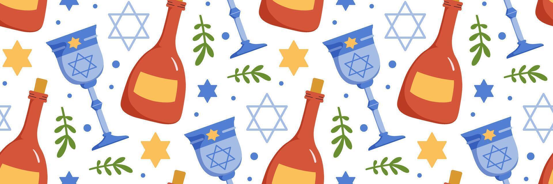 Happy Passover pattern. Jewish holiday Pesach background. Traditional icon Elijah's Cup, Star of David, wine. Jewish Easter celebration concept. For wallpaper, invitation. flat illustration. vector