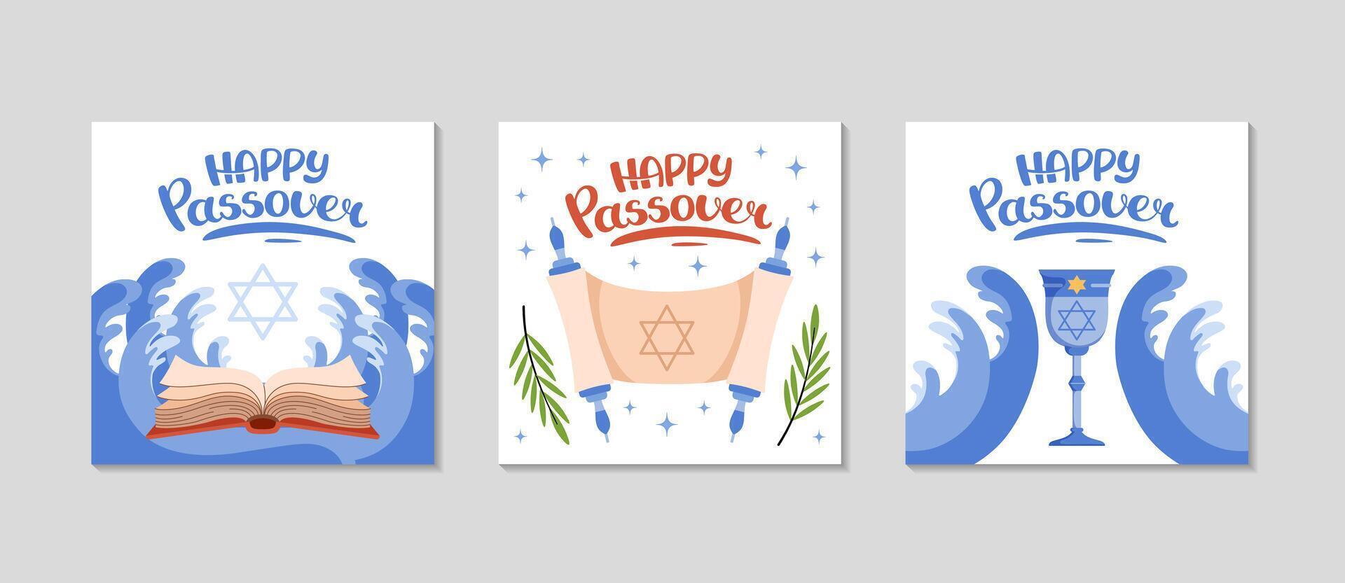 Passover greeting card set. Festive post background for Social media. Festive square Invitation template set. Cup, wave red sea, torus. Jewish Easter celebration concept. flat illustration. vector