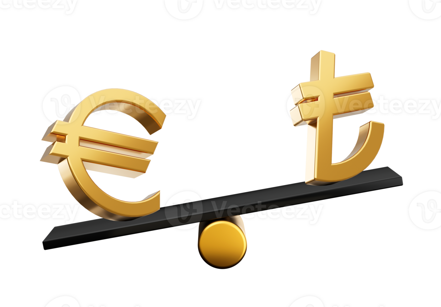 3d dorado euro y lira símbolo íconos con 3d negro equilibrar peso balancín, 3d ilustración png