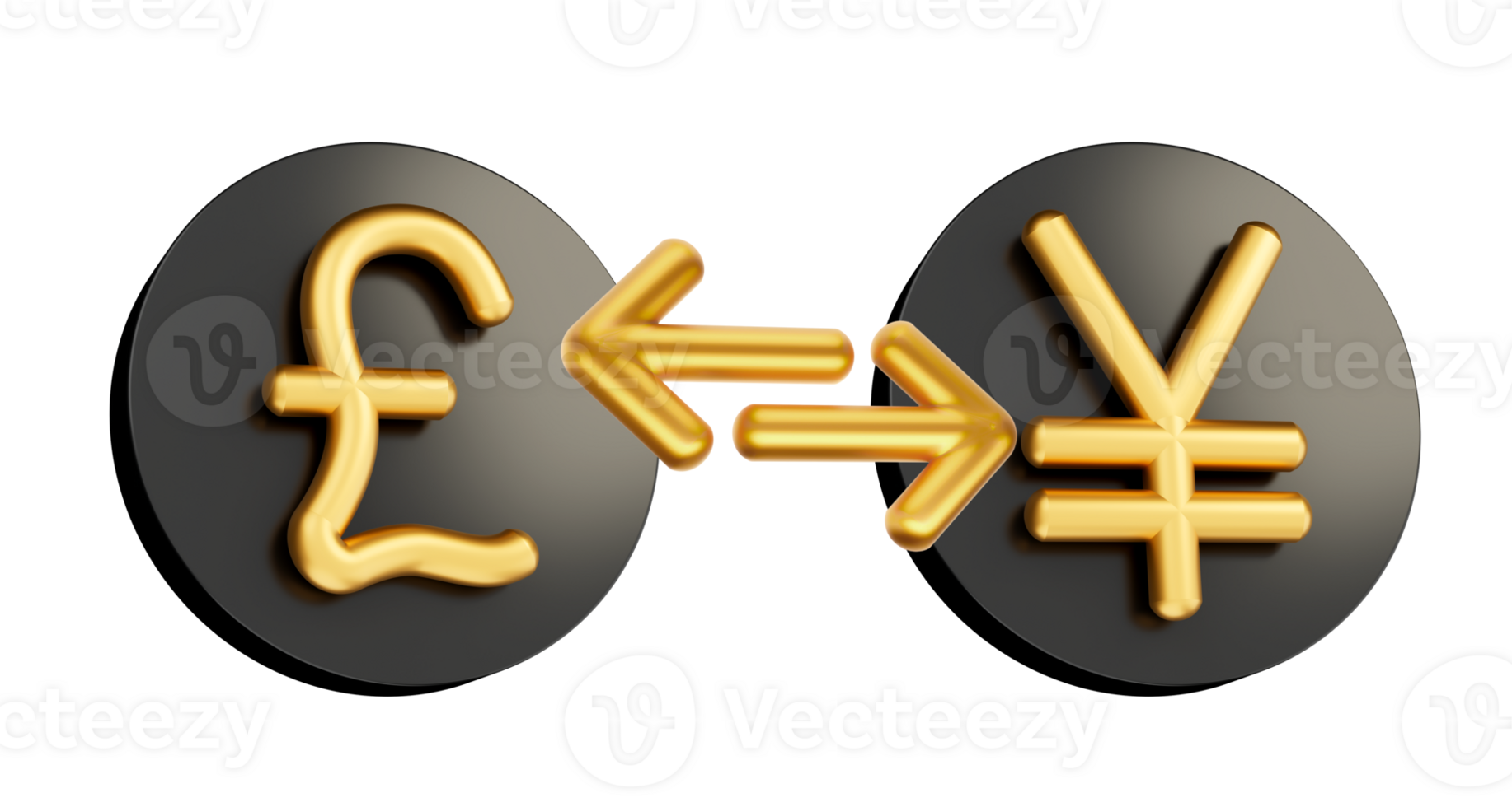3d Golden Pound And Yen Symbol On Rounded Black Icons With Money Exchange Arrows, 3d illustration png