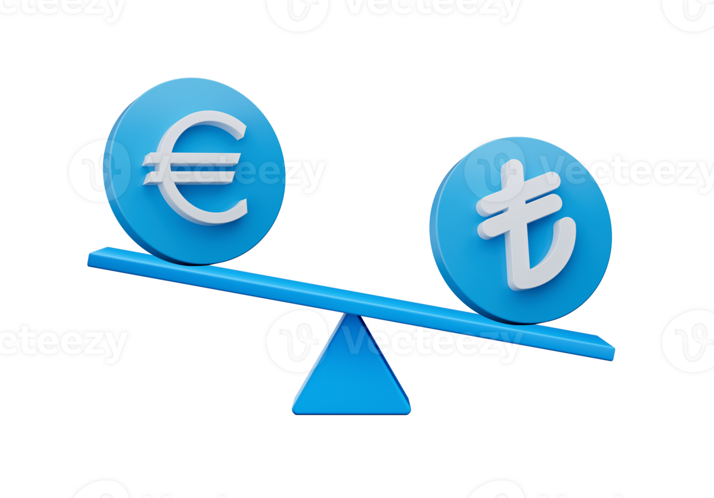 3d blanco euro y lira símbolo en redondeado azul íconos con 3d equilibrar peso balancín, 3d ilustración png