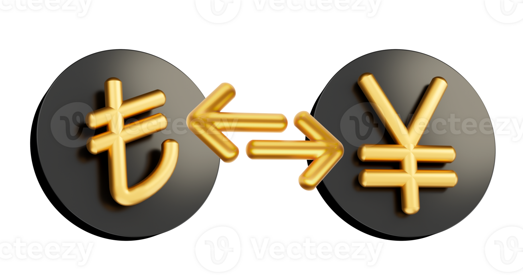 3d Golden Lira And Yen Symbol On Rounded Black Icons With Money Exchange Arrows, 3d illustration png