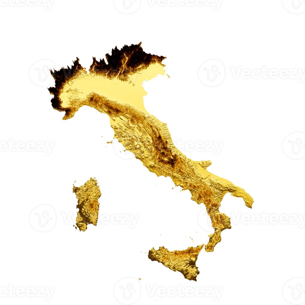Italy Map Golden metal Color Height map 3d illustration png