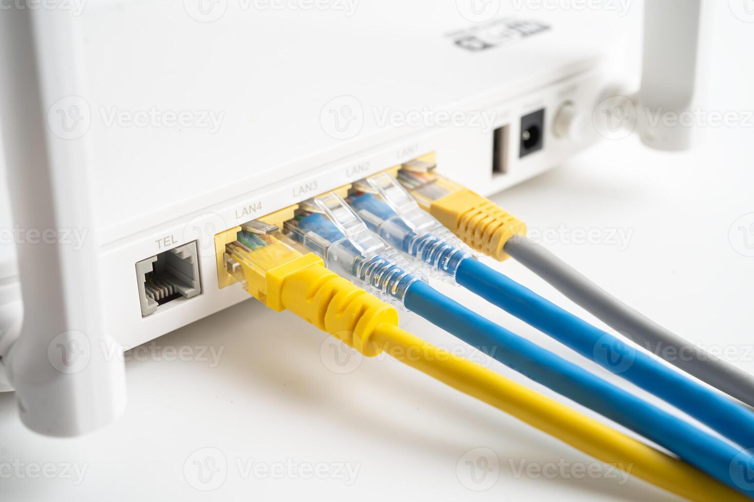 Ethernet cable with wireless router connect to internet service provider internet network. photo