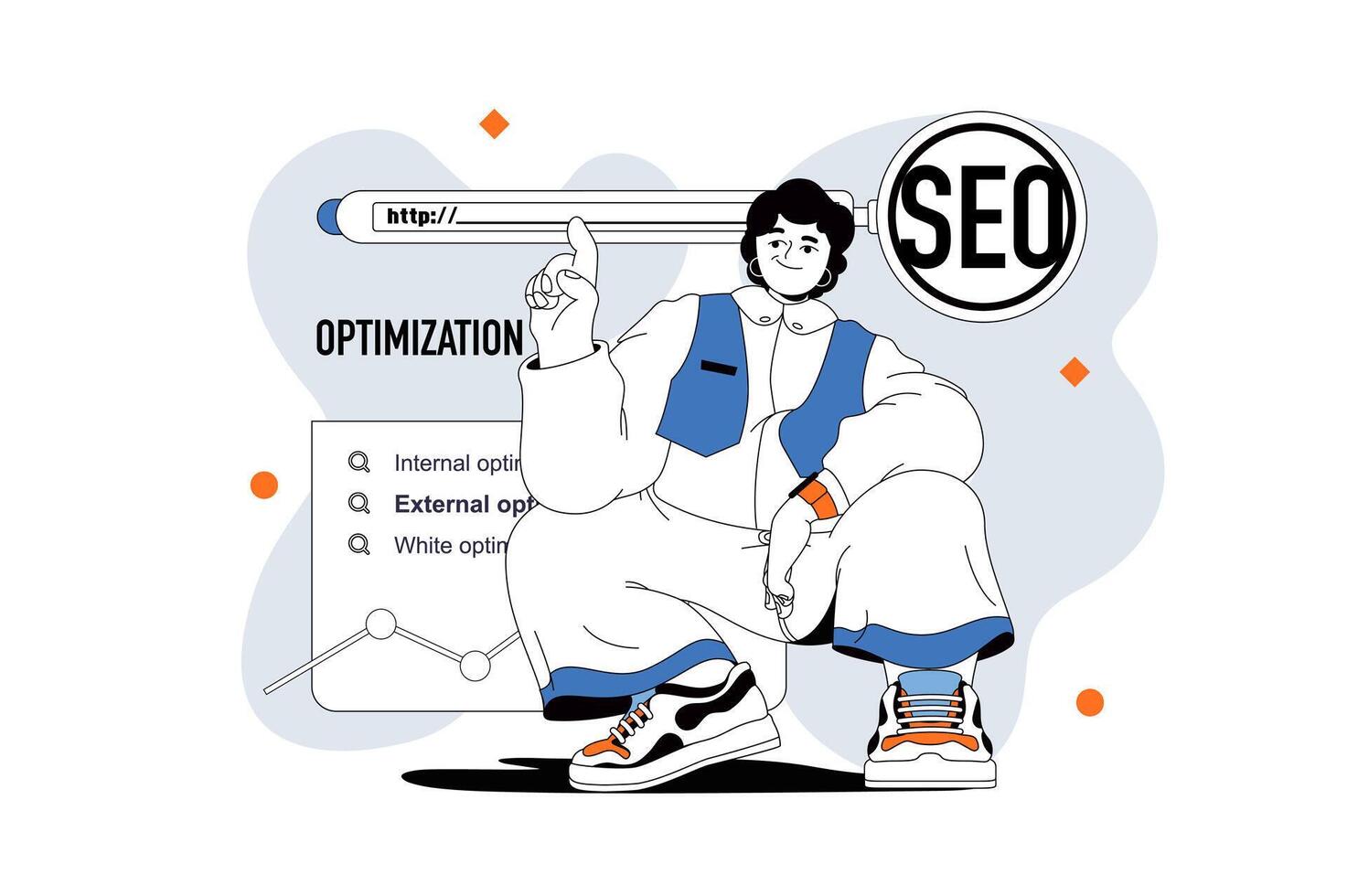 Seo optimization outline web modern concept in flat line design. Woman analyzing online data, optimizing search engines site ranking. illustration for social media banner, marketing material. vector