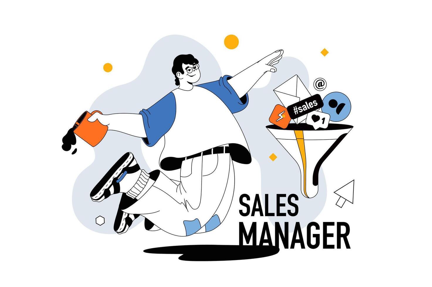 Sales manager outline web modern concept in flat line design. Man uses sales funnel for earning profit with online blog promotion. illustration for social media banner, marketing material. vector