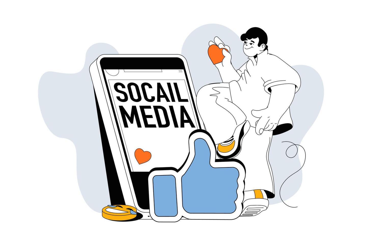 Social media outline web modern concept in flat line design. Man making posts in online profile, collects likes and follower comments. illustration for social media banner, marketing material. vector