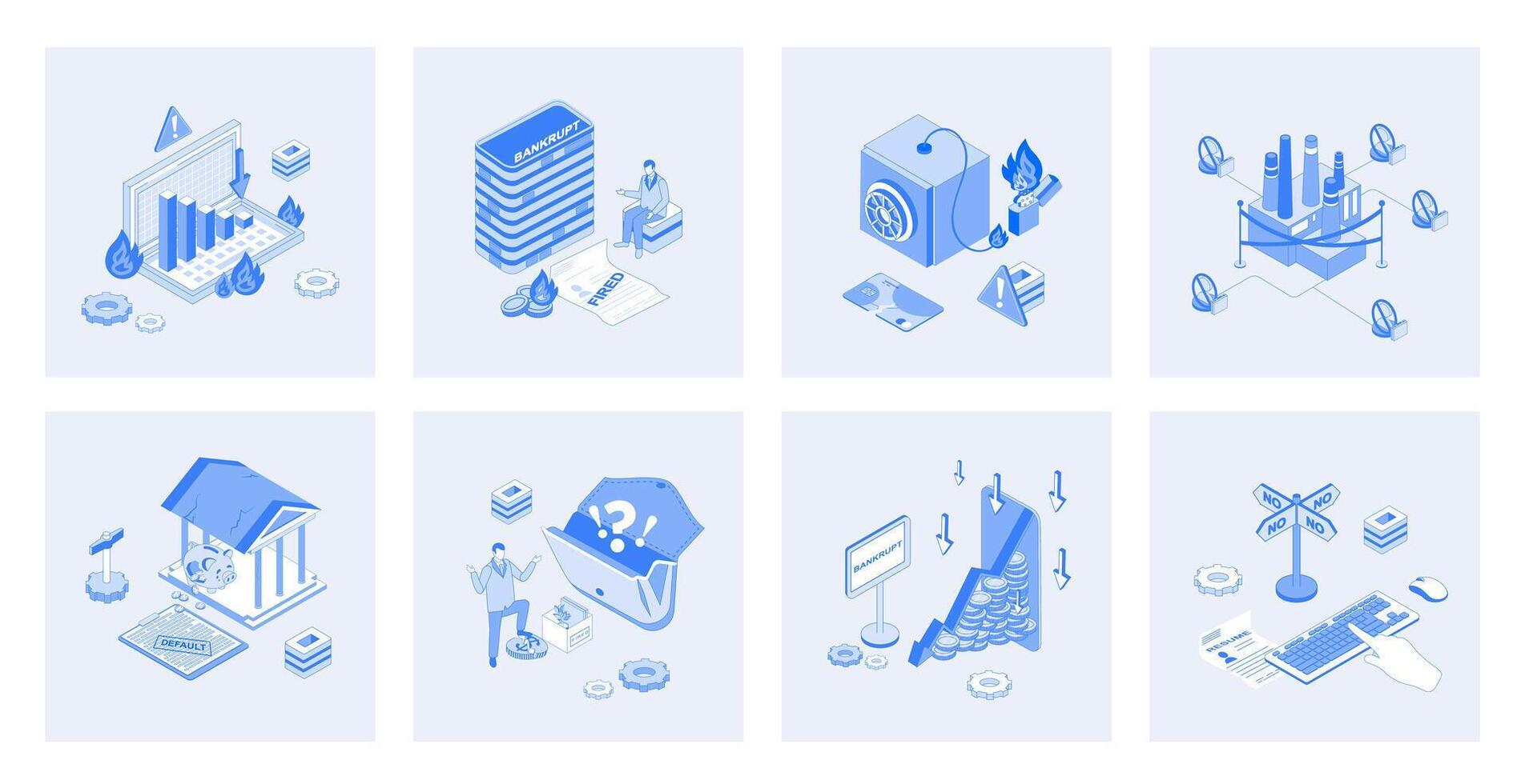 Unemployment and crisis 3d isometric concept set with isometric icons design for web. Collection of global economic recession with financial problems, job loss, employee fired. illustration vector