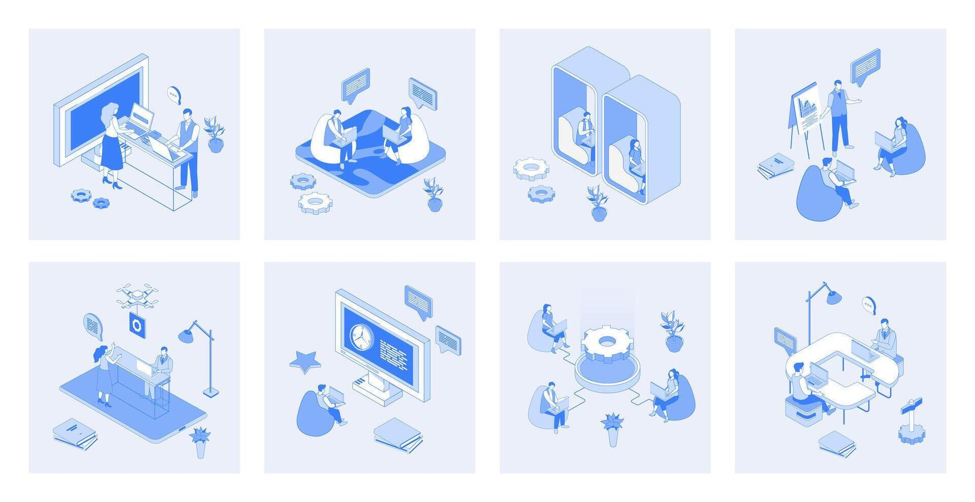 Coworking 3d isometric concept set with isometric icons design for web. Collection of employees workplace in open office, colleagues working together, business meeting community. illustration vector
