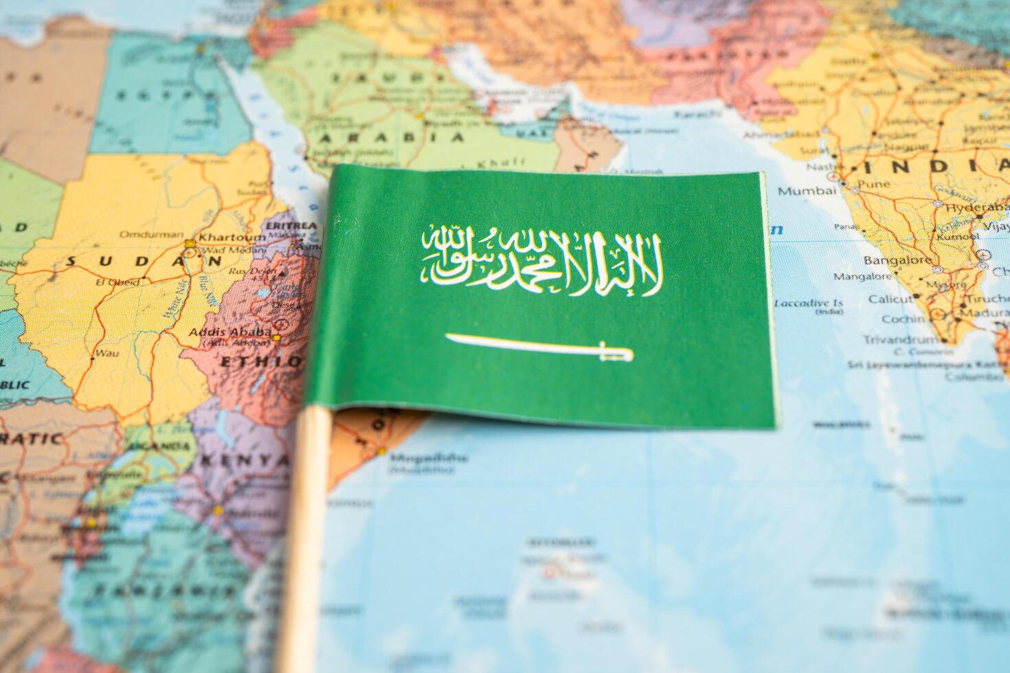 Bangkok, Thailand December 7, 2023, Saudi Arabia flag on world map background. photo