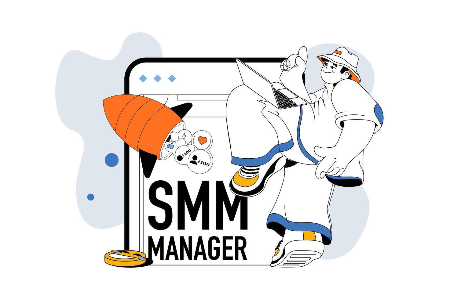 SMM manager outline web modern concept in flat line design. Man analyzing social media trends and creating digital content in blogs. illustration for social media banner, marketing material. vector