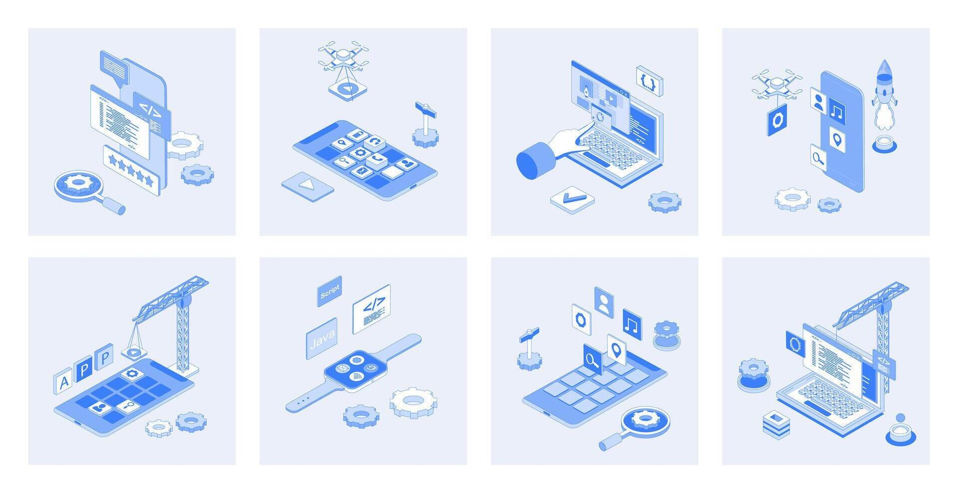 App development 3d isometric concept set with isometry icons design for web. Collection of mobile programming process, interface layout creation, coding, fixing bugs, optimization. illustration vector