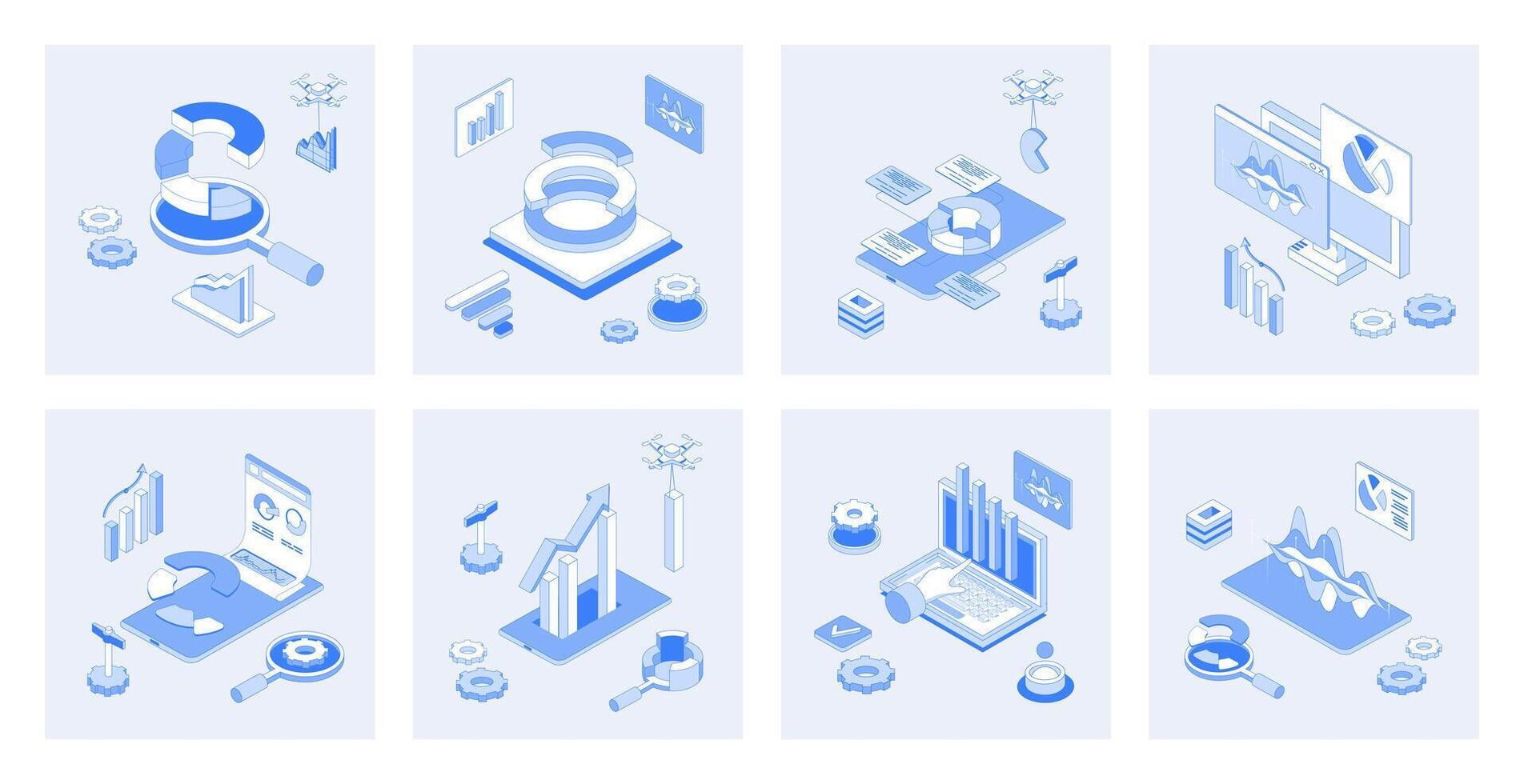 Data analysis 3d isometric concept set with isometric icons design for web. Collection of charts and graphs, marketing research, financial diagrams report, statistic information. illustration vector