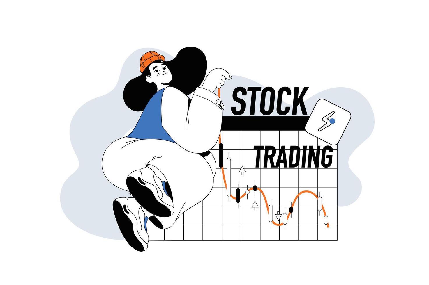 Stock trading outline web modern concept in flat line design. Woman analyzing financial graph and investing money on exchange market. illustration for social media banner, marketing material. vector