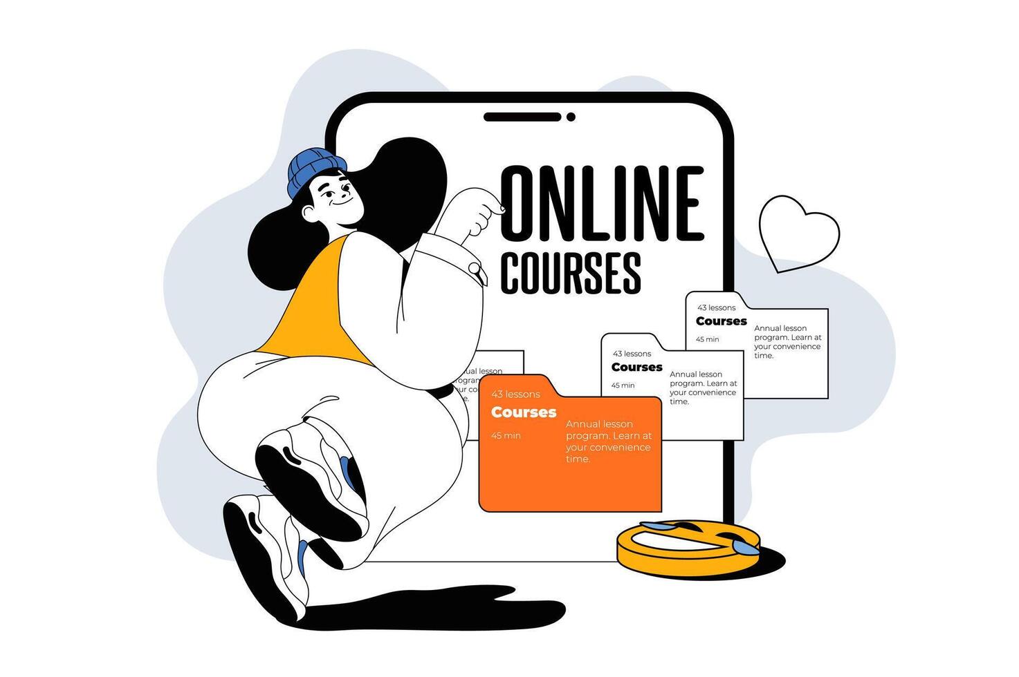 Online courses outline web modern concept in flat line design. Woman studying at virtual educational platform with lessons. illustration for social media banner, marketing material. vector