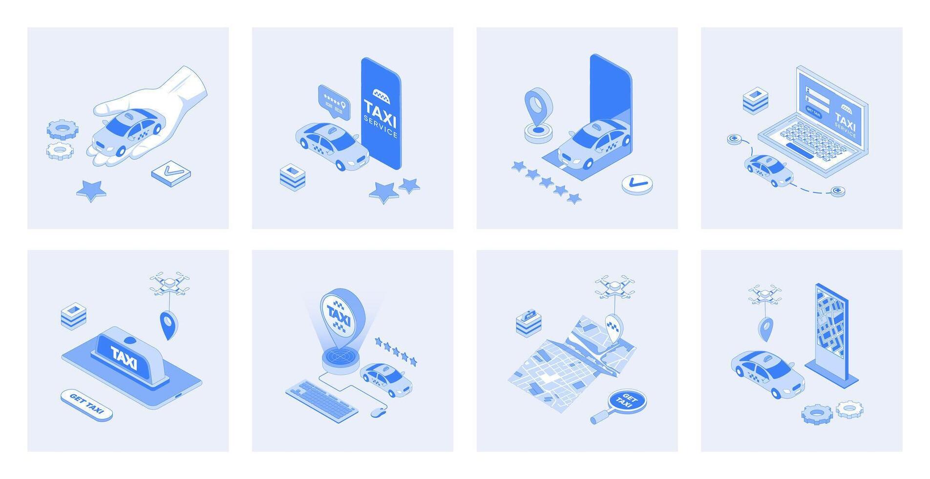 Taxi service 3d isometric concept set with isometric icons design for web. Collection of online car booking, map navigation in mobile app, ordering cab with best driver rating. illustration vector