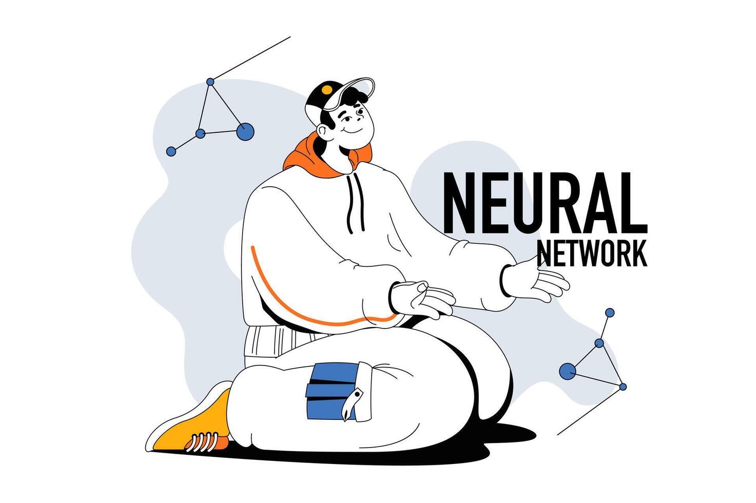 neural red contorno web moderno concepto en plano línea diseño. hombre interactuando con artificial inteligencia y máquina aprendiendo. ilustración para social medios de comunicación bandera, márketing material. vector