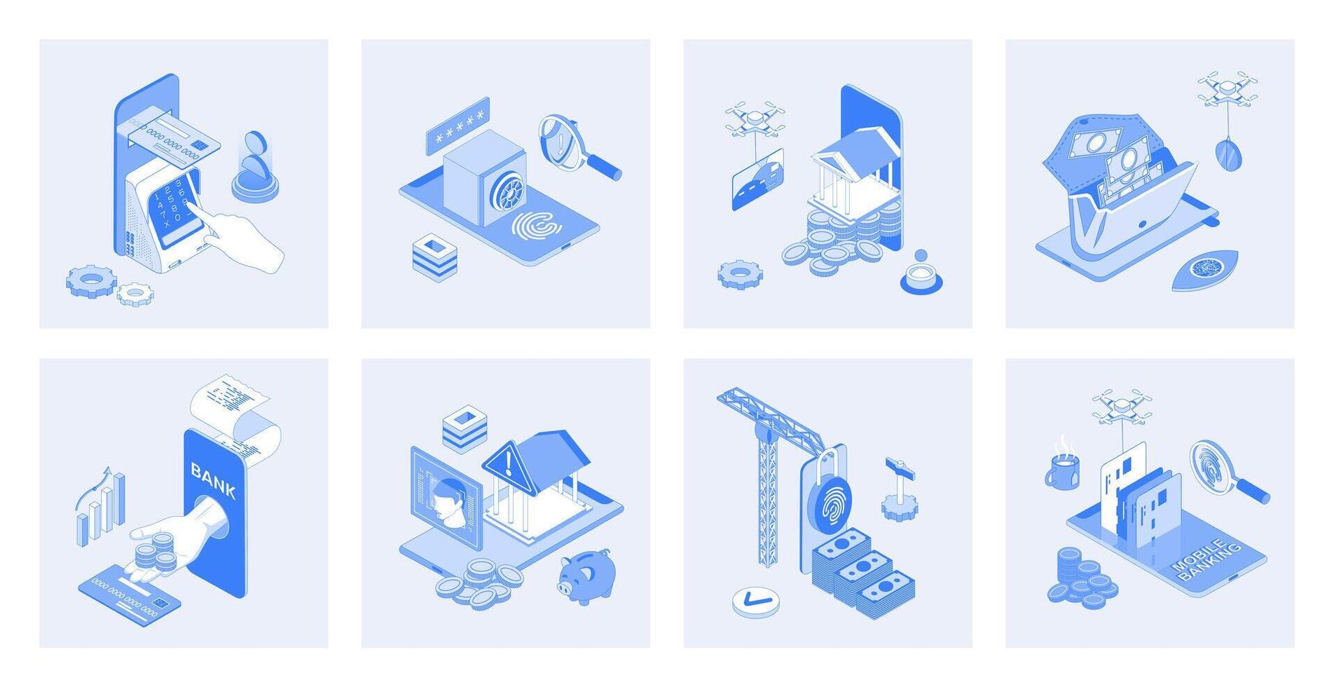 Mobile banking 3d isometric concept set with isometric icons design for web. Collection of cash withdrawal at atm, fingerprint access in bank app, financial account management. illustration vector