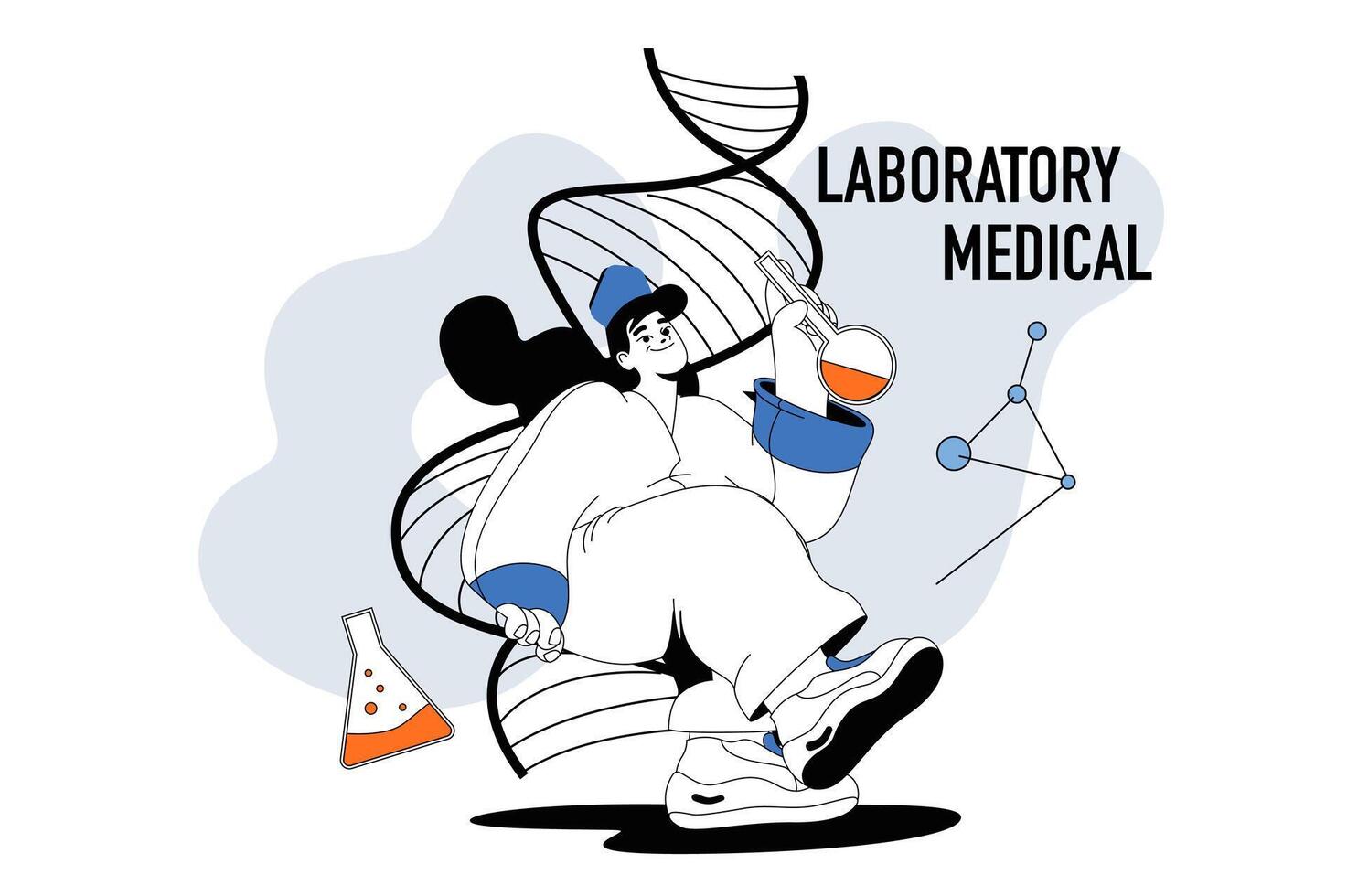 médico laboratorio contorno web moderno concepto en plano línea diseño. mujer hace genético pruebas y clínico investiga en laboratorio tubos ilustración para social medios de comunicación bandera, márketing material. vector