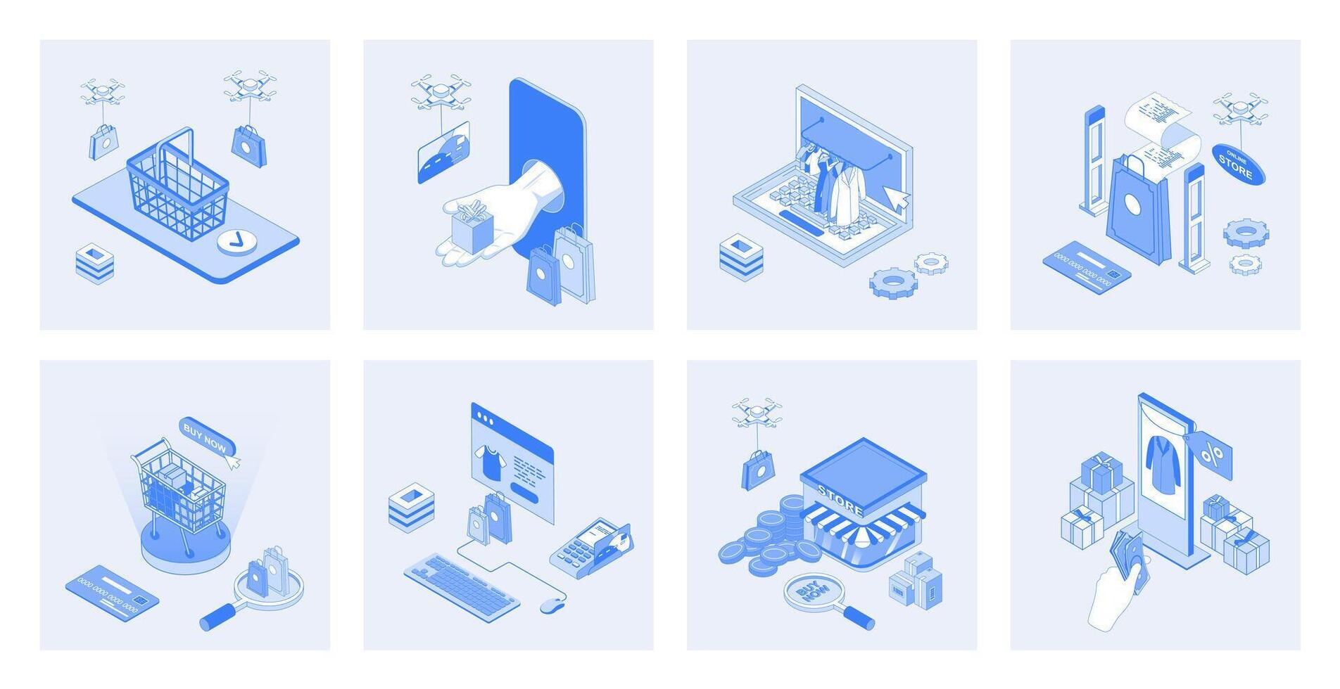 Shopping 3d isometric concept set with isometric icons design for web. Collection of online purchases at stores or supermarkets, bargain prices in mobile app, credit card payment. illustration vector