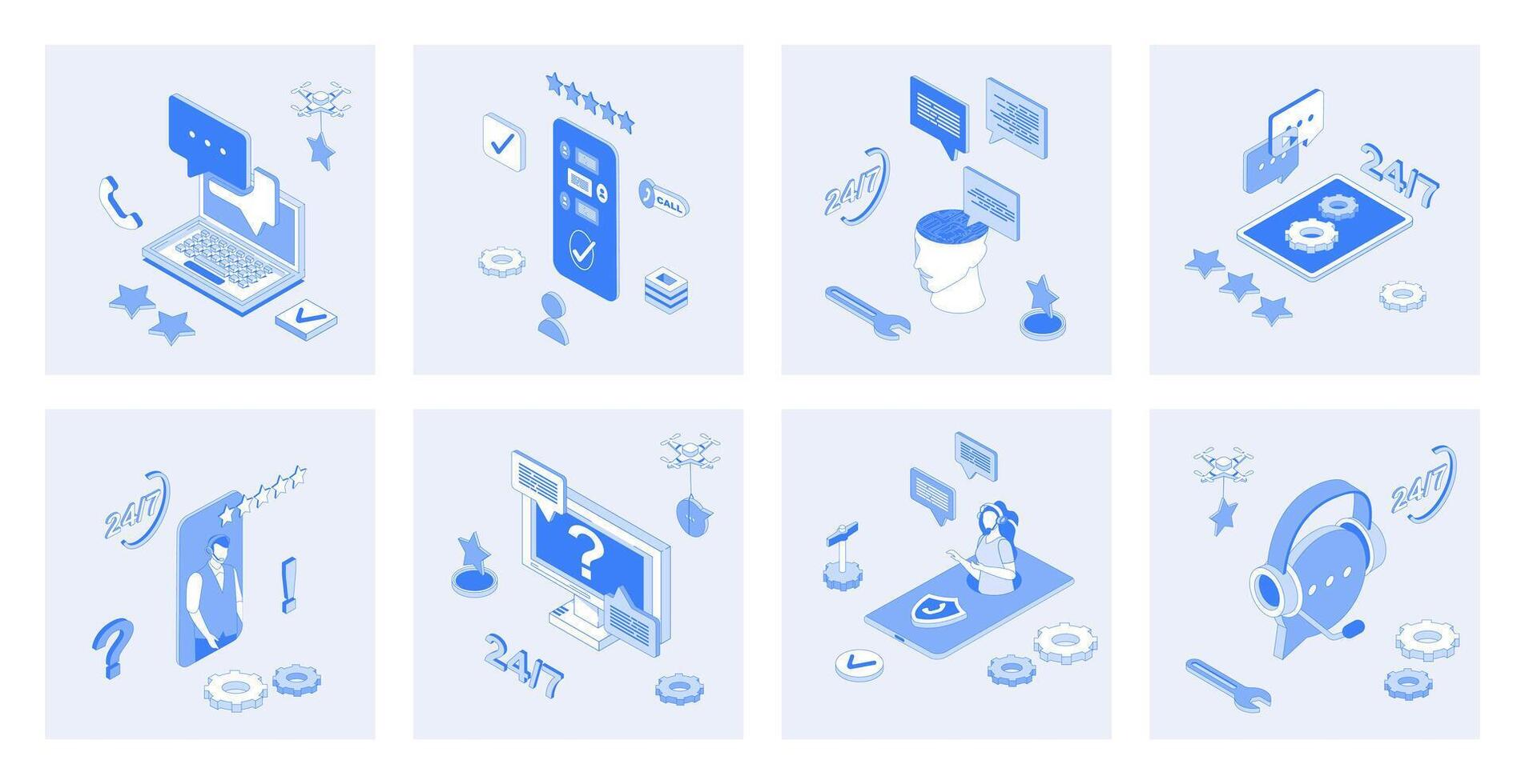 Customer support 3d isometric concept set with isometric icons design for web. Collection of clients chat or call, solving problems online, technical solution center with feedback. illustration vector