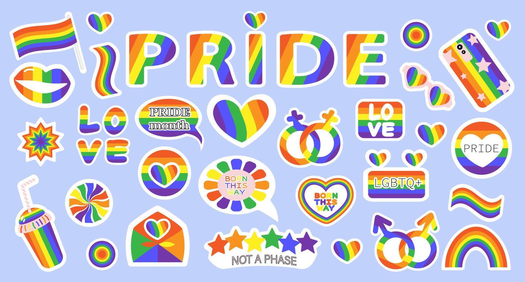 Rainbow.Set of stickers. Bright illustration. Symbols, Gay pride LGBT flag. vector