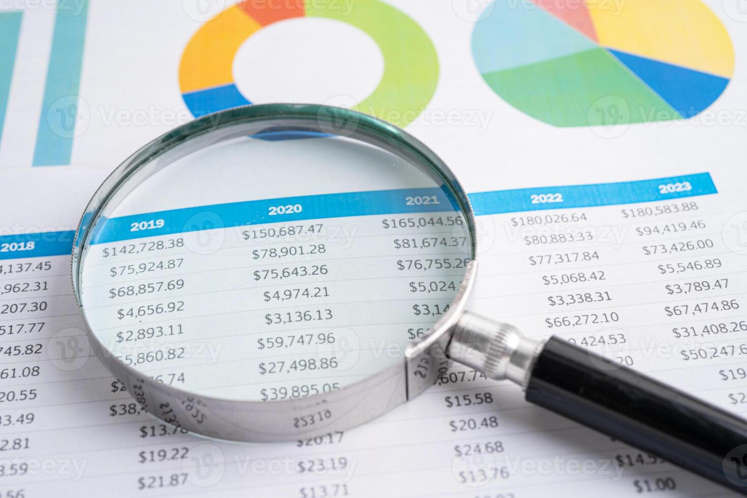 Magnifying glass on spreadsheet and graph paper. Financial development, Banking Account, Statistic, Investment Analytic research data economy, Business. photo