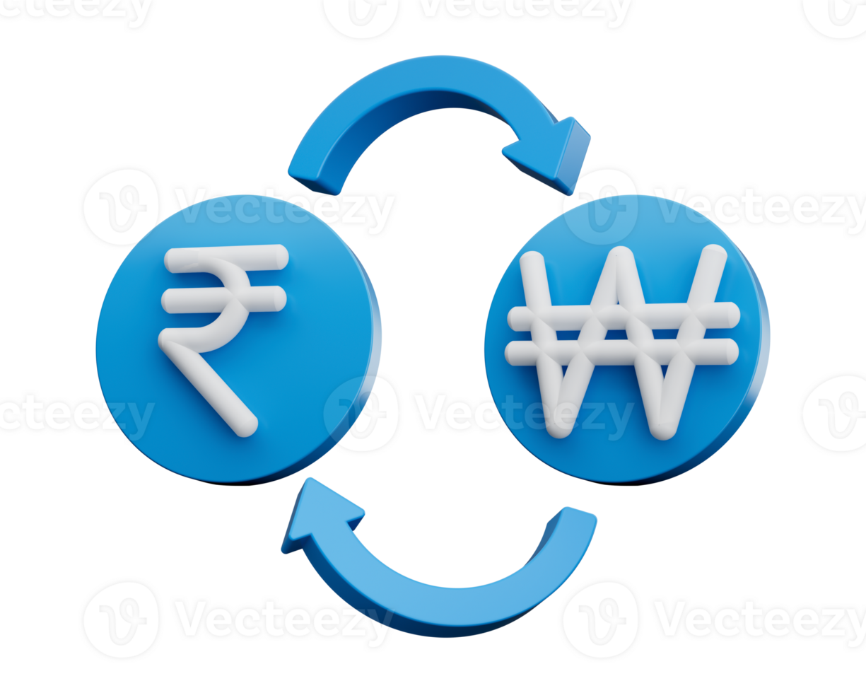 3d White Indian Rupee And Won Symbol On Rounded Blue Icon With Money Exchange Arrows 3d illustration png