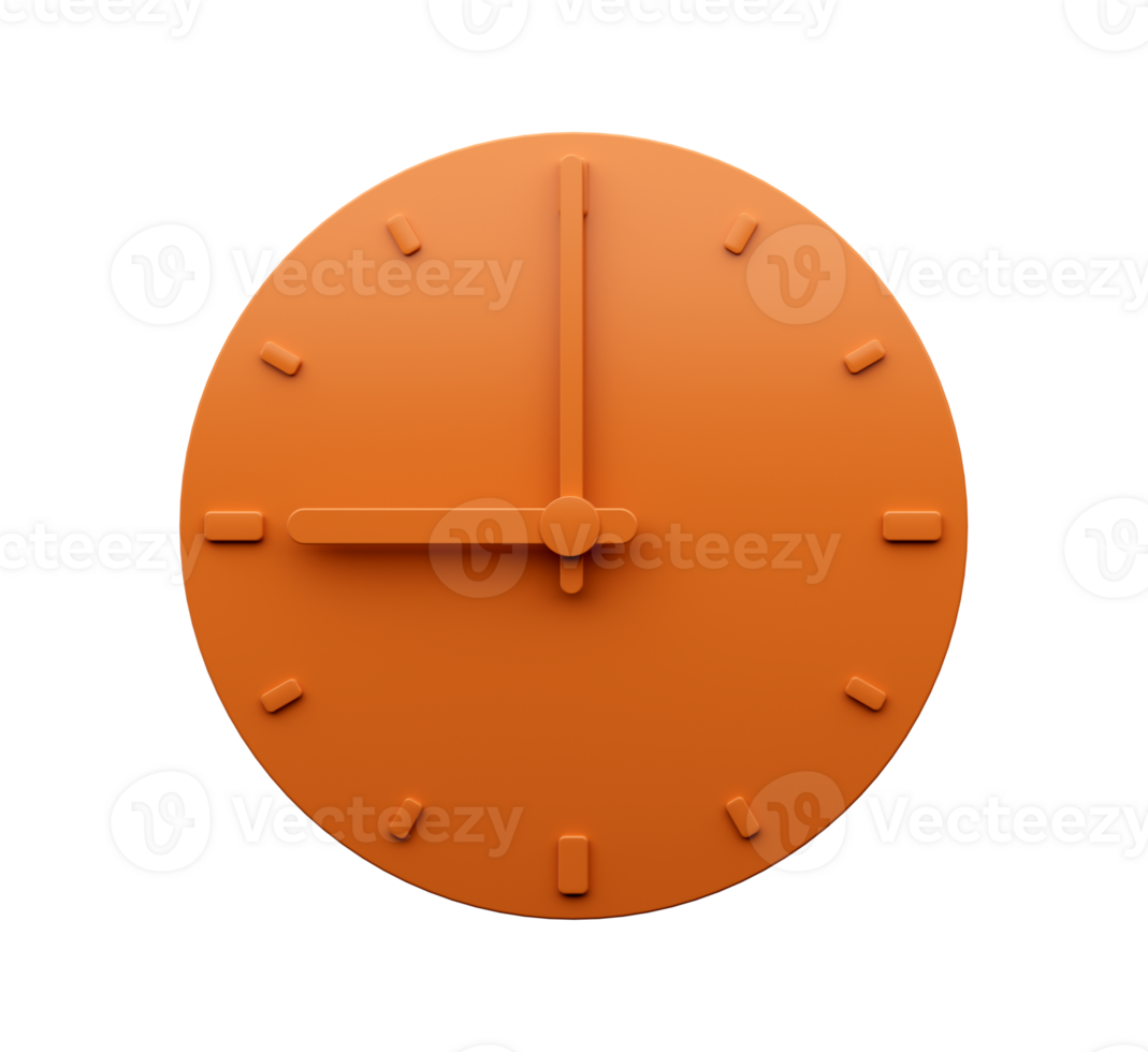Minimal Orange clock Nine o'clock abstract Minimalist wall clock 3d Illustration png