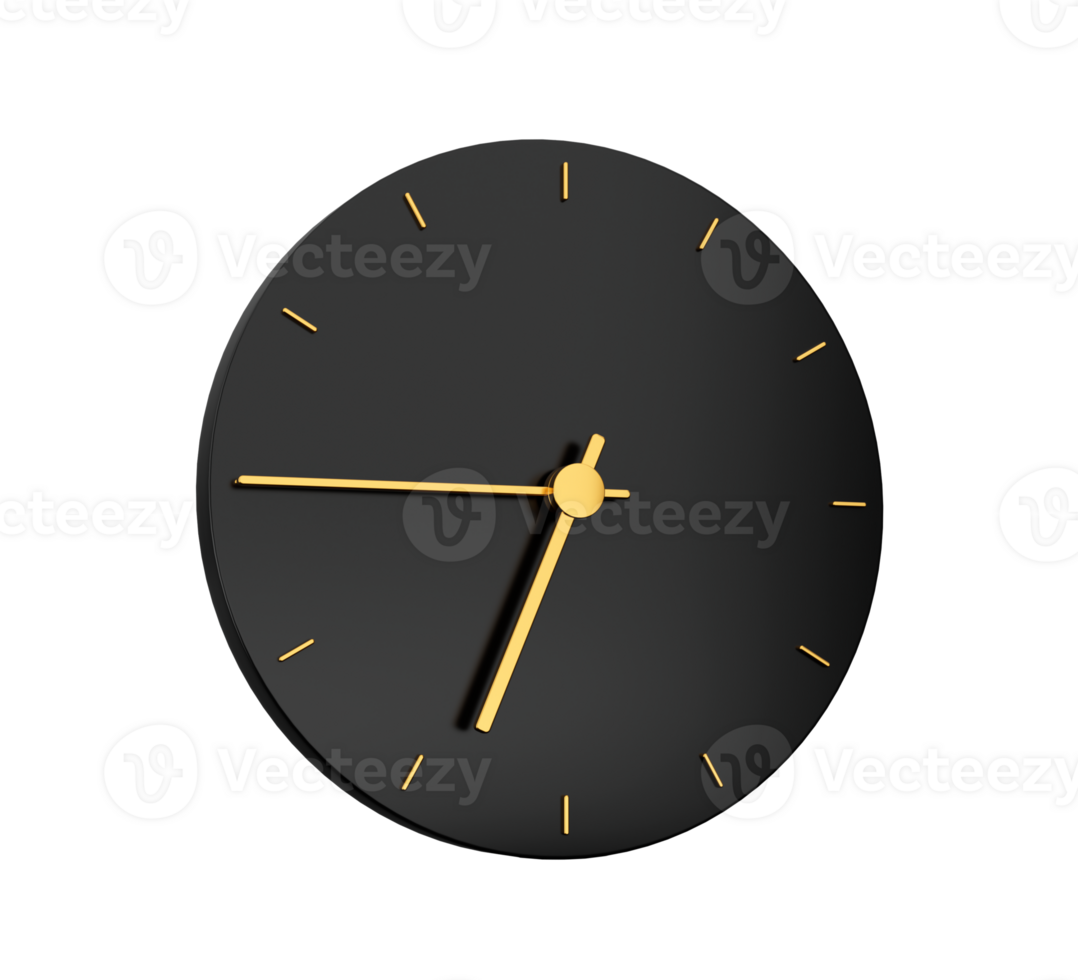Premium Gold Clock icon isolated quarter to Seven on black icon. Six forty five o'clock Time icon 3d illustration png