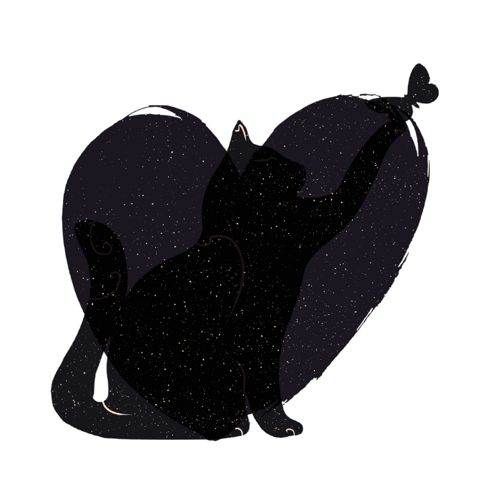 Cat and heart silhouette illustration in pastel colors. png