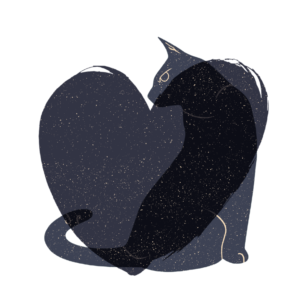 Cat and heart silhouette illustration in pastel colors. png