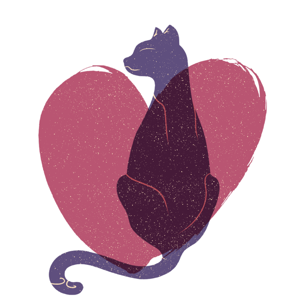 Cat and heart silhouette illustration in pastel colors. png
