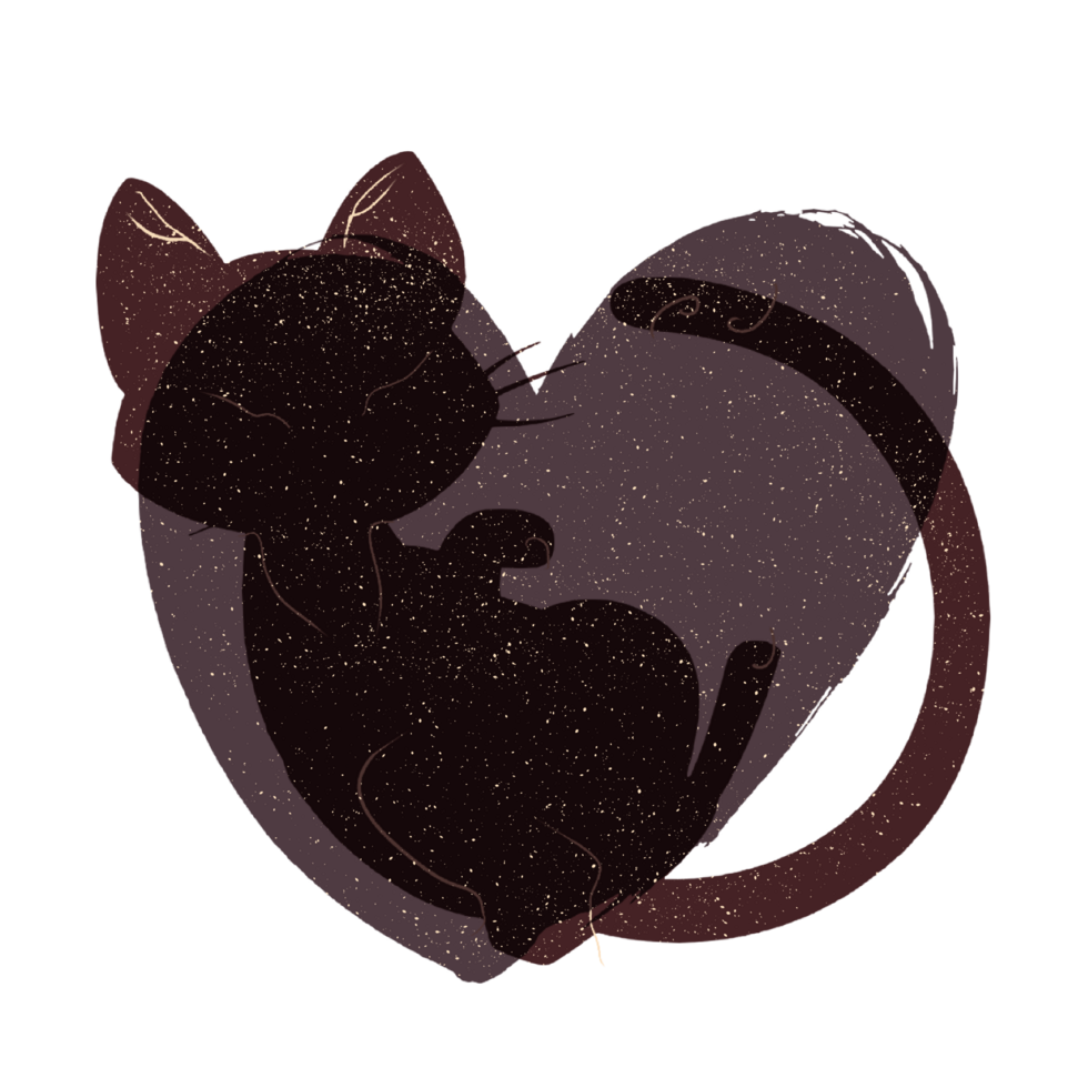 Cat and heart silhouette illustration in pastel colors. png