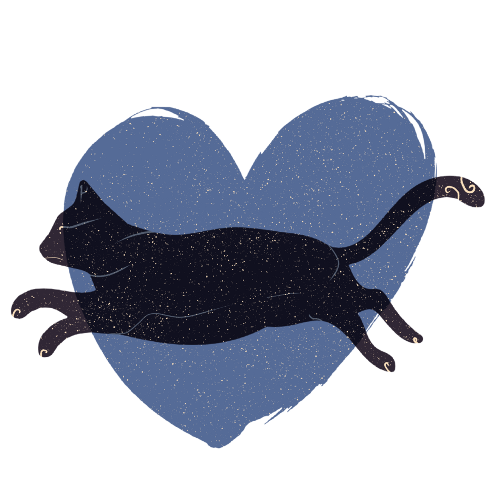 Cat and heart silhouette illustration in pastel colors. png