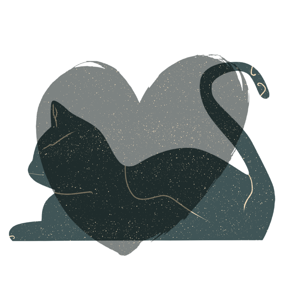 Cat and heart silhouette illustration in pastel colors. png
