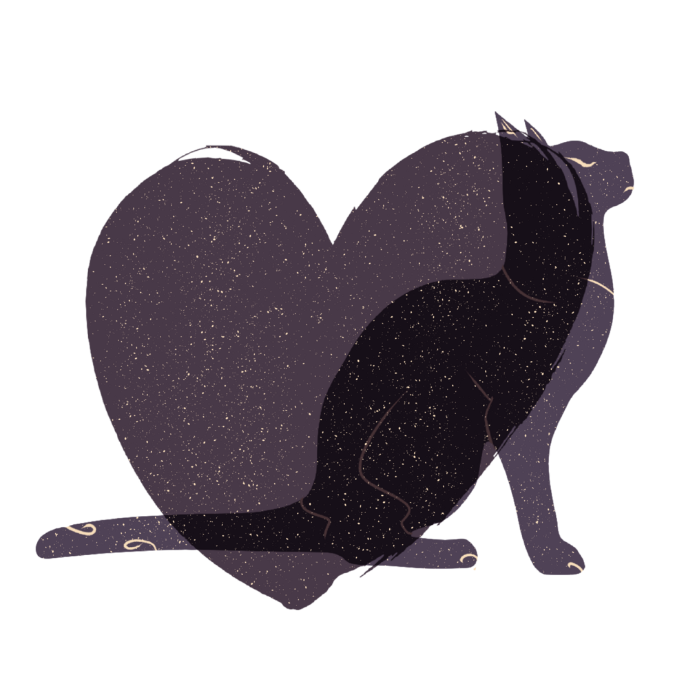 Cat and heart silhouette illustration in pastel colors. png