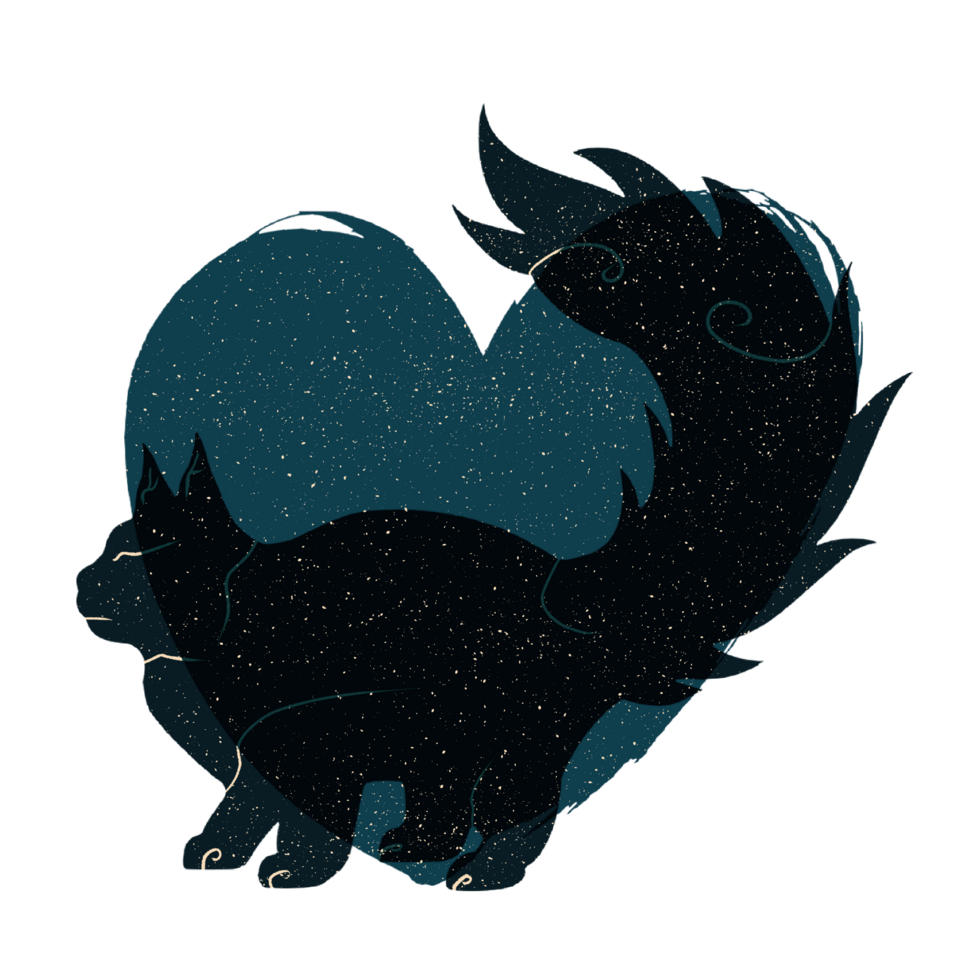 Cat and heart silhouette illustration in pastel colors. png