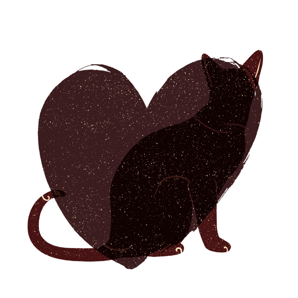 Cat and heart silhouette illustration in pastel colors. png