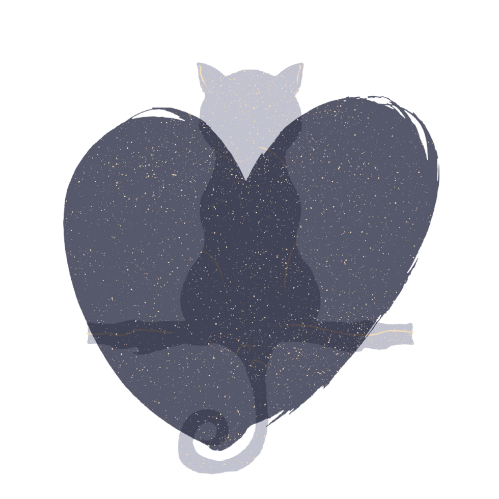 Cat and heart silhouette illustration in pastel colors. png