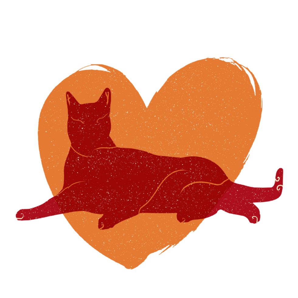 Cat and heart silhouette illustration in pastel colors. png