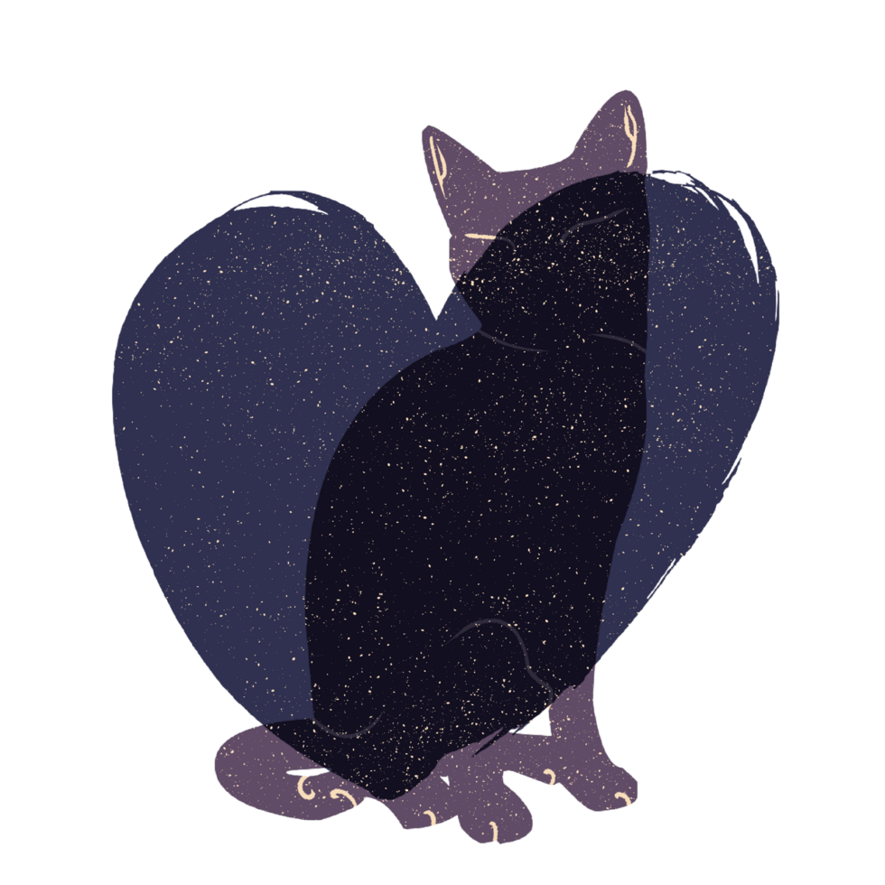 Cat and heart silhouette illustration in pastel colors. png