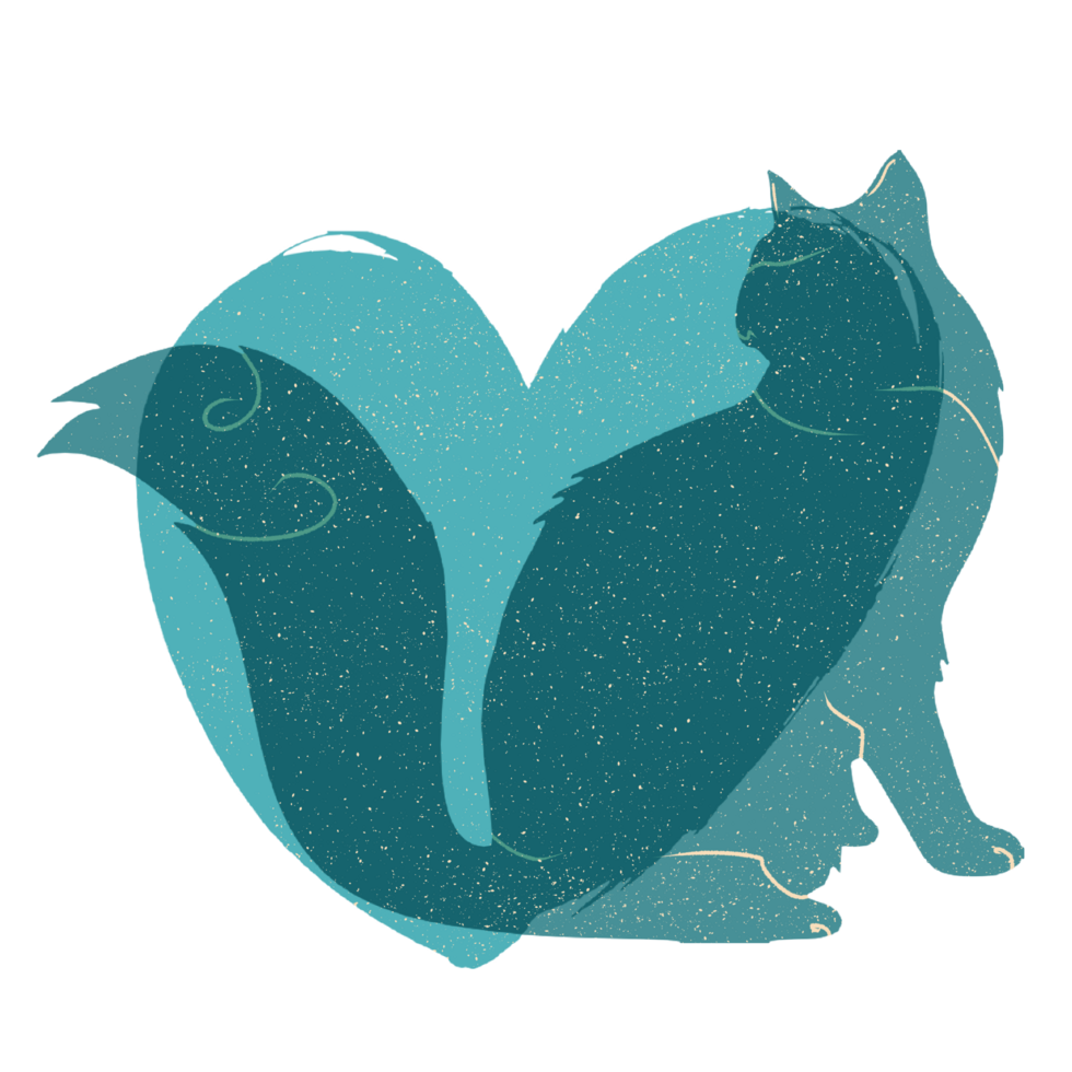 Cat and heart silhouette illustration in pastel colors. png