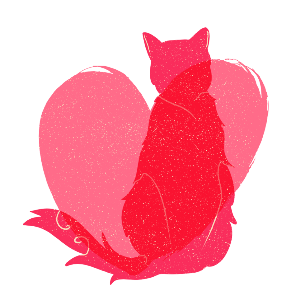 Cat and heart silhouette illustration in pastel colors. png