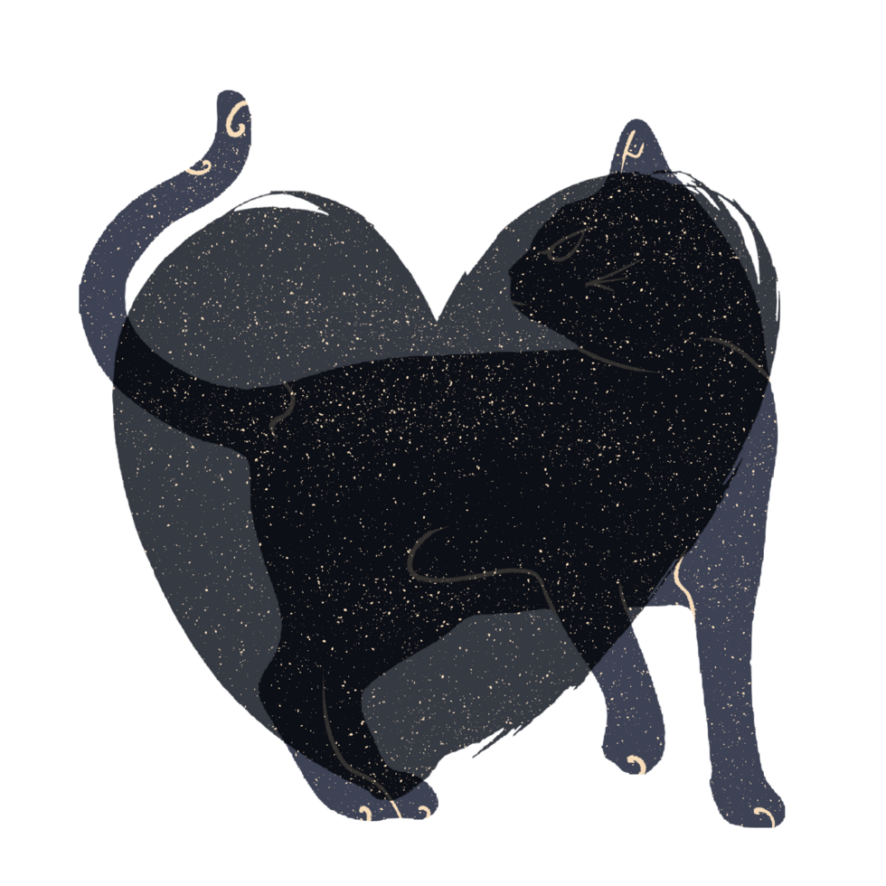 Cat and heart silhouette illustration in pastel colors. png