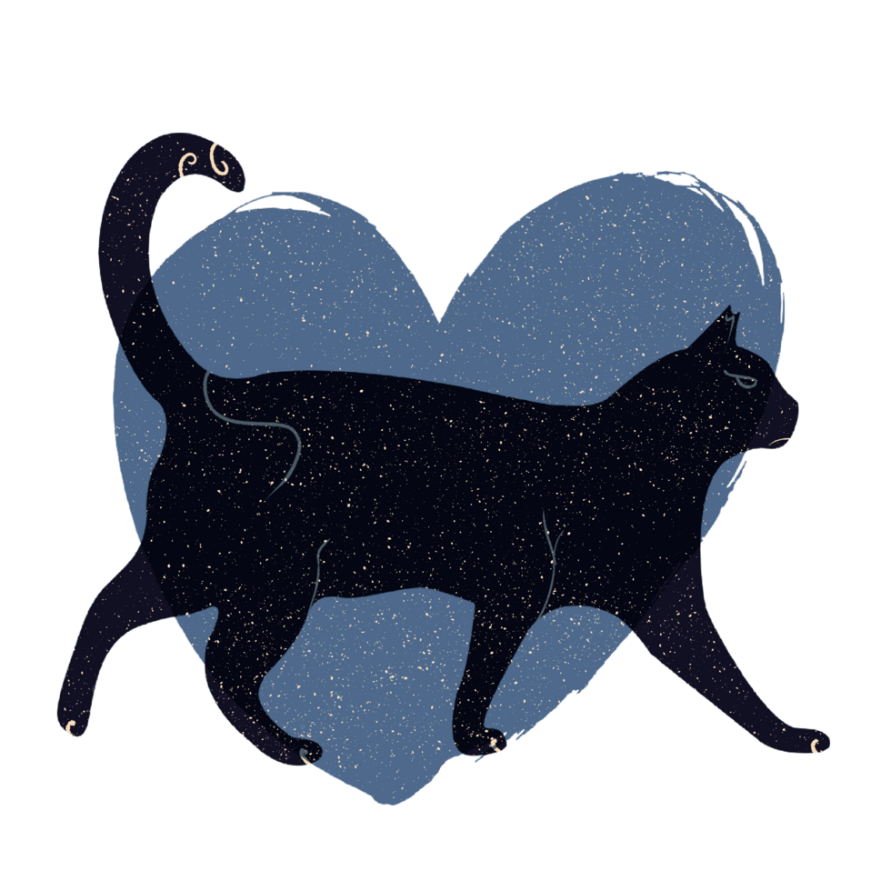 Cat and heart silhouette illustration in pastel colors. png