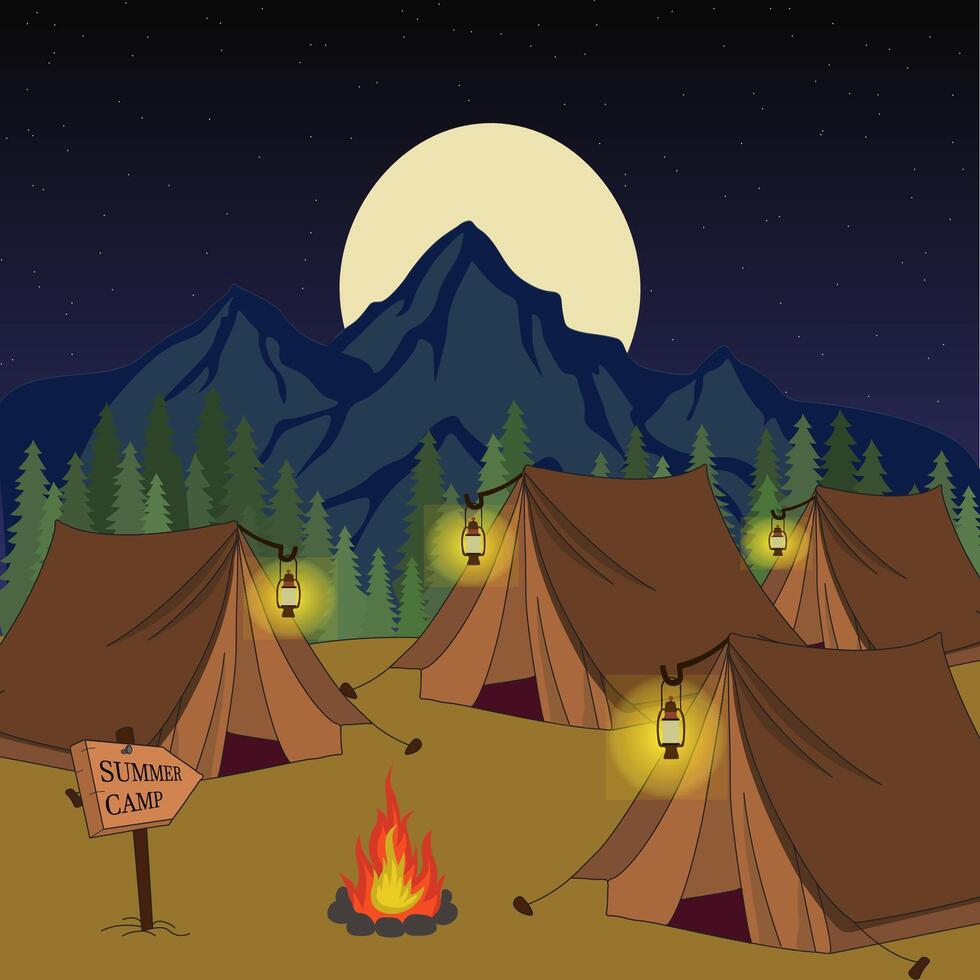 Night camp in a forest with four tents and a campfire. Landscape view on a campsite in the mountains on summer outdoor vacation. vector