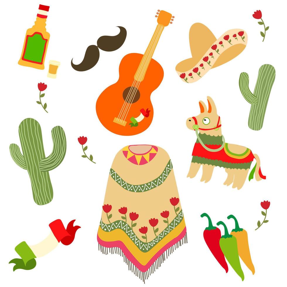 Cinco de Mayo's complement concept with cartoon illustration. There are guitar, hat, cactus, pinata, chili, Mexico flag, tequila drink, moustache, and poncho. Isolated background. vector